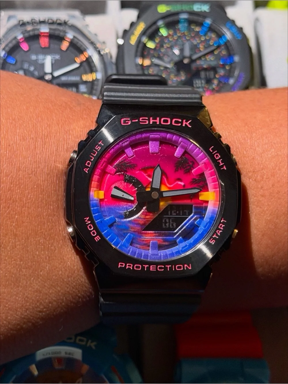 G-Shock Black Watch with Pink and Blue Sunset Dial